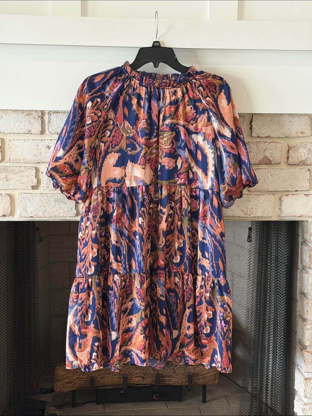 THML Navy & Coral Printed Short Sleeve Tiered Tunic Dress